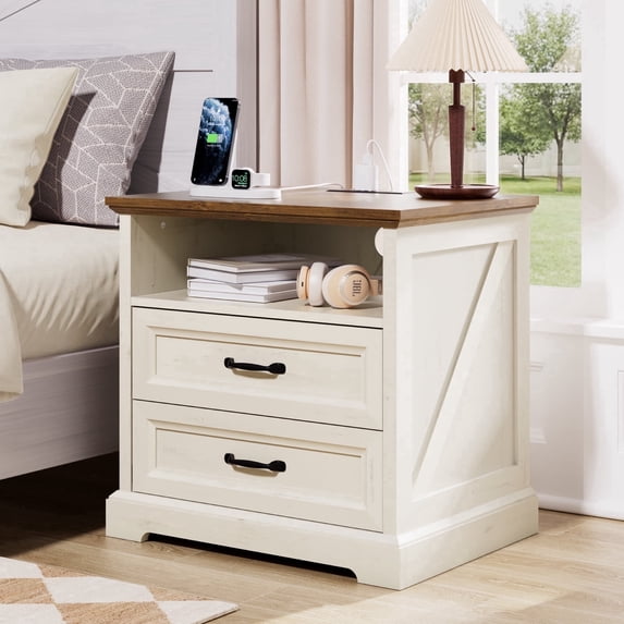 Hommpa Farmhouse 2 Drawers Nightstand with Charging Station, Rustic Wood Beside Tables with Drawers and Open Storage for Bedroom, Vintage End Tables for Living Room, Side Tables, White