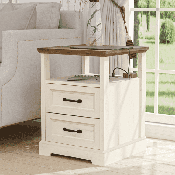 Hommpa Farmhouse End Tables for Living Room, Nightstand with Charging Station, Rustic Sofa Side Table with 2 Drawers and Storage Shelf, Bedside Cabinet for Bedroom, White