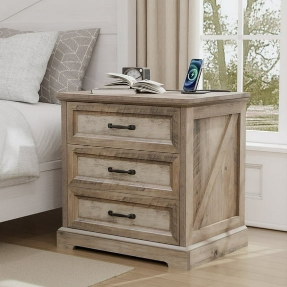 Hommpa Farmhouse 3 Drawers Nightstand with Charging Station, Rustic Wood Night Stand with Drawers for Bedroom, Vintage Bedside Table Small Dresser Chest of Drawers for Living Room, Light Ivory