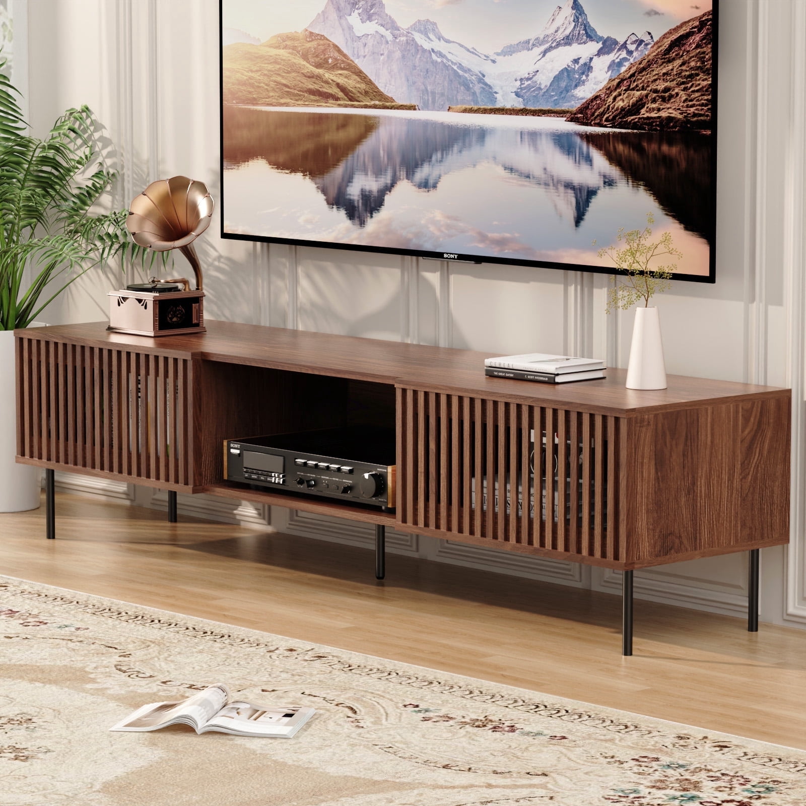 Hommpa TV Stand for 55/65/75/80 inch TV with 2 Slatted Doors, Mid Century Modern TV Console for Living Room Bedroom, Storage Cabinets Open Shelf Entertainment Center for Gaming Media Console, Walnut