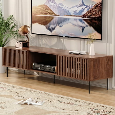 Hommpa TV Stand for 55/65/75/80 inch TV with 2 Slatted Doors, Mid Century Modern TV Console for Living Room Bedroom, Storage Cabinets Open Shelf Entertainment Center for Gaming Media Console, Walnut