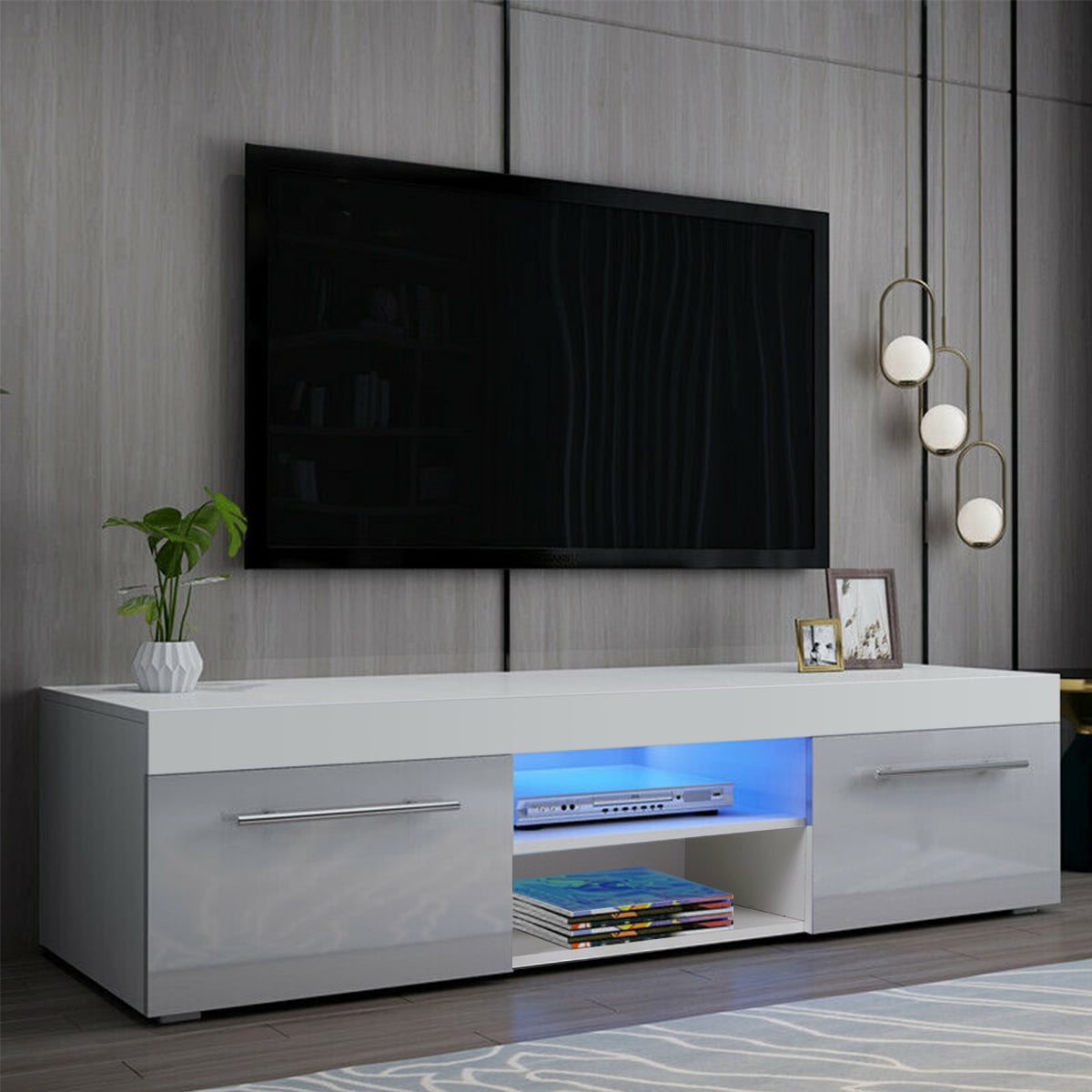 Hommpa Gray White High Gloss TV Stand for TVs up to 59 LED Entertainment Center Modern TV Cabinet with 2 Storage Drawers Walmart Business Supplies