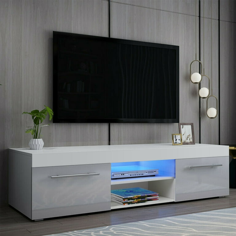 Hommpa Modern Gray White High Gloss Lighted TV Stand for Living Room Fits Up to 59 TVs Walmart