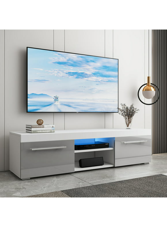 Hommpa Gray White High Gloss TV Stand for TVs up to 59" LED Entertainment Center Modern TV Cabinet with 2 Storage Drawers