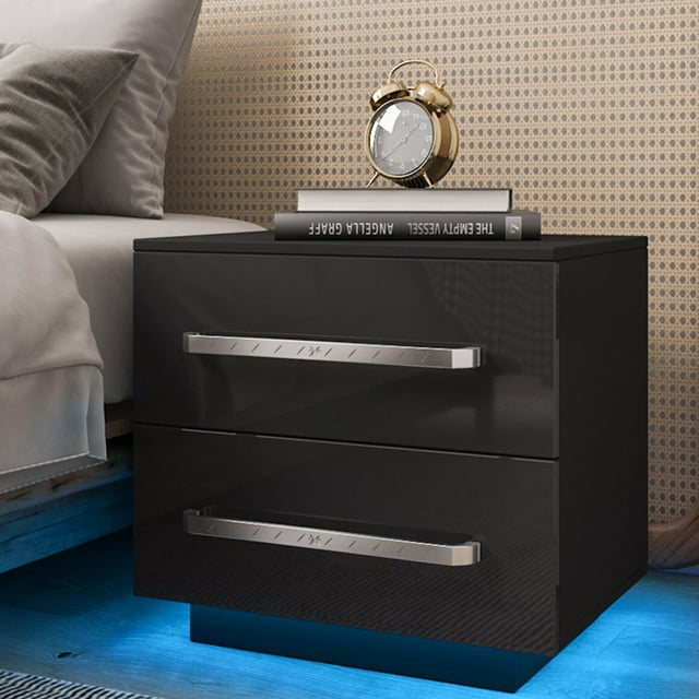 Hommpa High Gloss 2 Drawers Nightstand with LED Light Black Nightstands