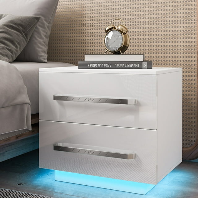 WOODY HOME High Gloss 2 Drawers Nightstand with RGB LED Light, White