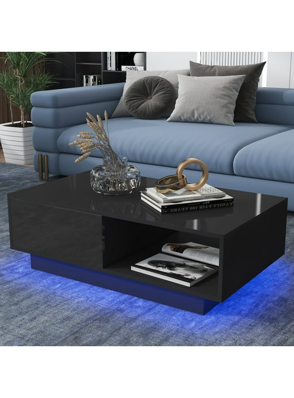 Hommpa High Gloss Black Coffee Table with 2 Drawers LED Sofa Side End Tea Table Modern Cocktail Tables with Storage