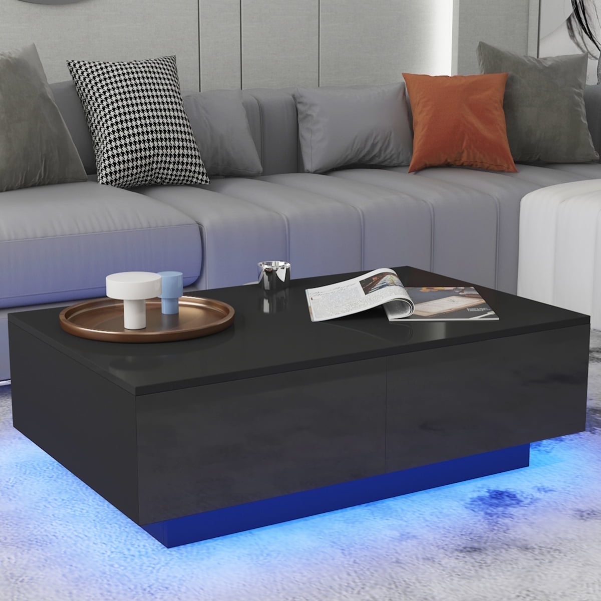 Hommpa High Gloss Black Coffee Table with LED Lights, 4 Drawers Storage