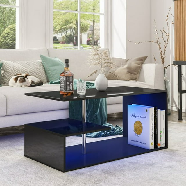 Hommpa High Gloss Coffee Table with Open Shelf LED Lights Smart APP Control Black Center Sofa End Table S Shaped Modern Cocktail Tables with for Living Room