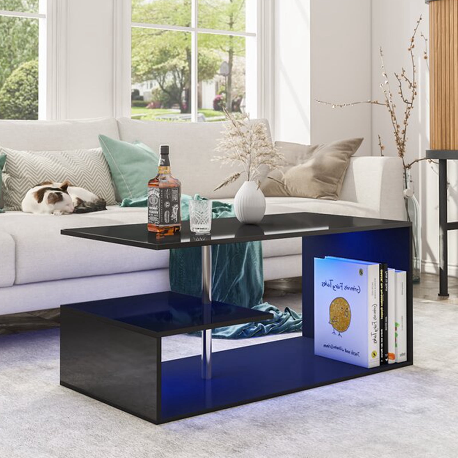 Hommpa High Gloss Black Coffee Table with LED Lights Open Shelf Smart APP Control S Shaped Modern Sofa Side End Table for Living Room