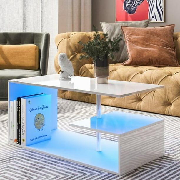 HOMMPA LED Coffee Tables for Living Room Modern Coffee Table with S Shaped 3 Tiers Open Storage Shelf High Gloss White Center Sofa Tea Table with LED