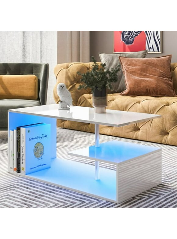 Hommpa High Gloss Coffee Table with Open Shelf LED Lights Smart APP Control White Center Sofa End Table S Shaped Modern Cocktail Tables with for Living Room