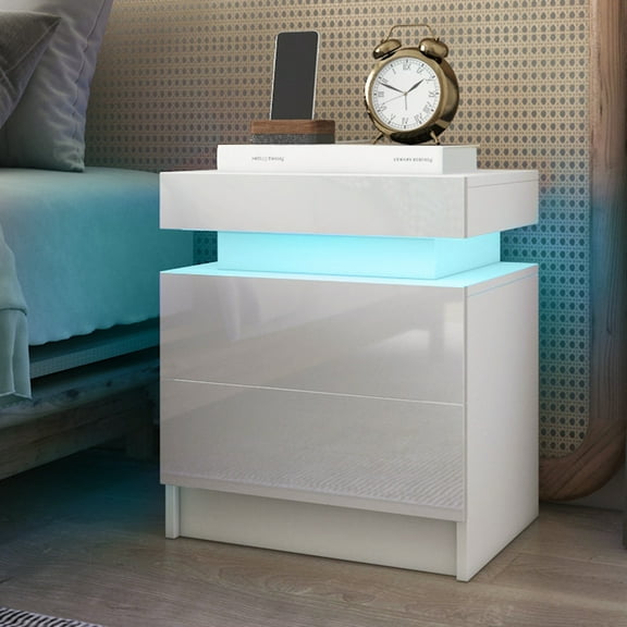 Hommpa High Gloss LED Nightstand with 2 Drawers Modern Bedside Tables RGB Led Lights White Night Stands with Drawer Smart Nightstands End Side Table for Bedroom 17.71x13.78x20.47 Inch