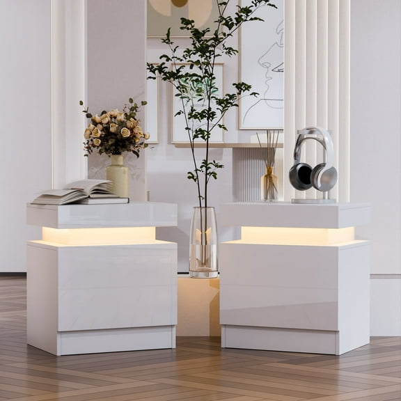 Hommpa High Gloss LED Nightstand Set of 2 White Bedside Table with 2 Drawers Modern Night Stand with Drawer Side Table Cabinet with Led Night Stands for Bedroom Side Table for Bed Home Furniture