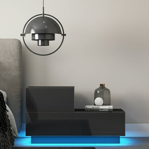 Hommpa High Gloss Nightstand with 2 Drawers RGB LED Light Black Bedside Table Home Furniture 27.6x13.8x16.1 inch