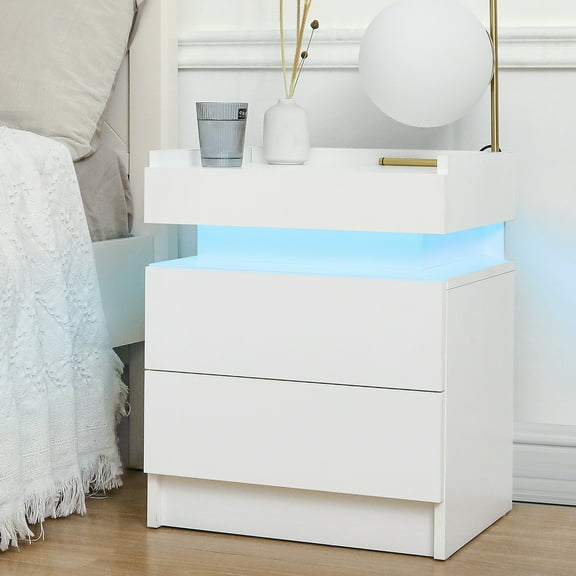 Hommpa High Gloss RGB LED Nightstand 2 Drawers Bedside Table Bedroom Cabinet White