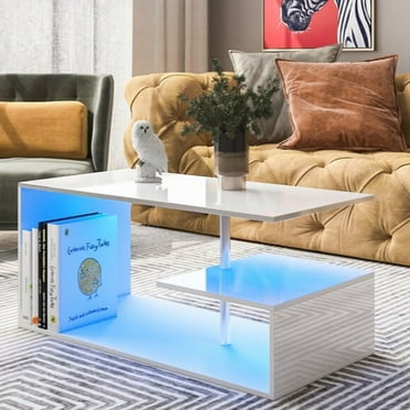 Hommpa High Gloss White Coffee Table with LED Lights Open Shelf Smart APP Control S Shaped Modern Sofa Side End Table for Living Room