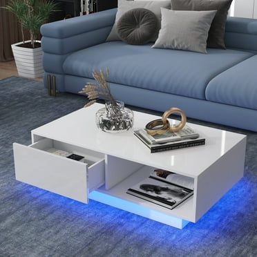 Hommpa LED Coffee Table Modern Side Tables High Gloss White Cocktail Table with 2 Drawers Open Shelf for Living Room