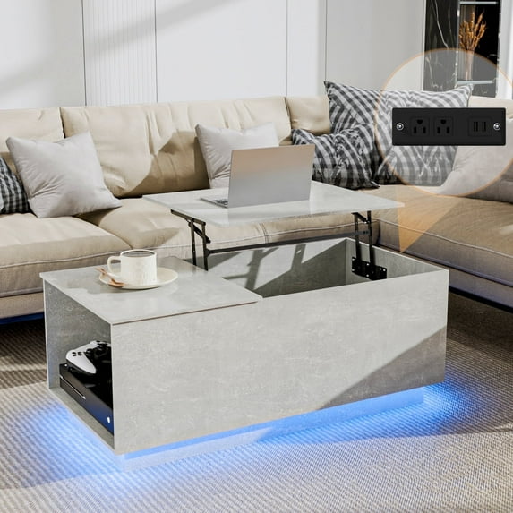 Hommpa LED Coffee Table with USB Ports and Outlets Lift Top Coffee Tables with Storage High Gloss Gray Rectangular Modern Center Table for Living Dining Room