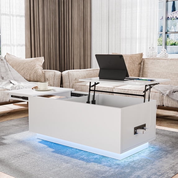 Hommpa LED Coffee Table with USB Ports and Outlets Lift Top Coffee Tables with Storage High Gloss White Rectangular Modern Center Table for Living Dining Room