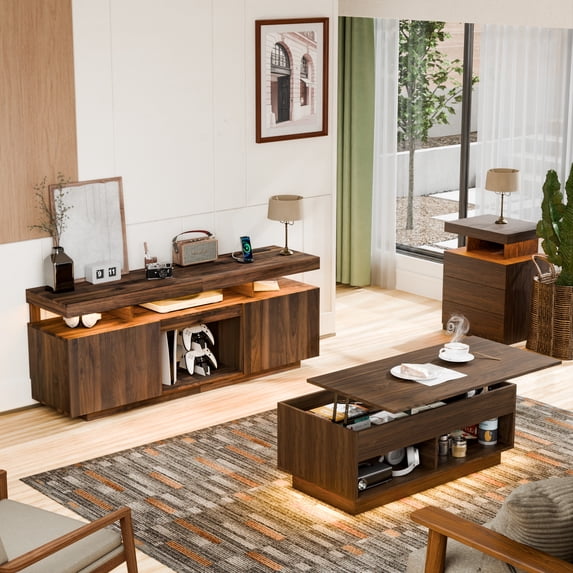 Hommpa LED Coffee Table and TV Stand Set, Modern Entertainment Center for up to 70" TVs, Lift Top Coffee Table with Hidden Compartment, Walnut Finish
