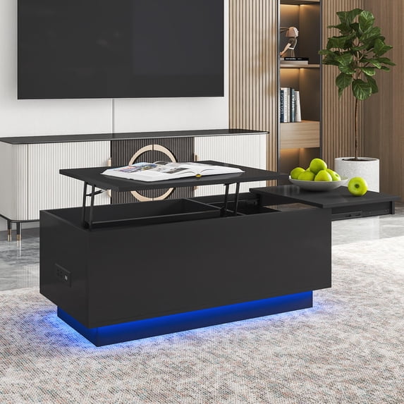 Hommpa LED Coffee Table with Charging Station Black Lift Top Coffee Table with Storage and Hidden Compartment High Gloss