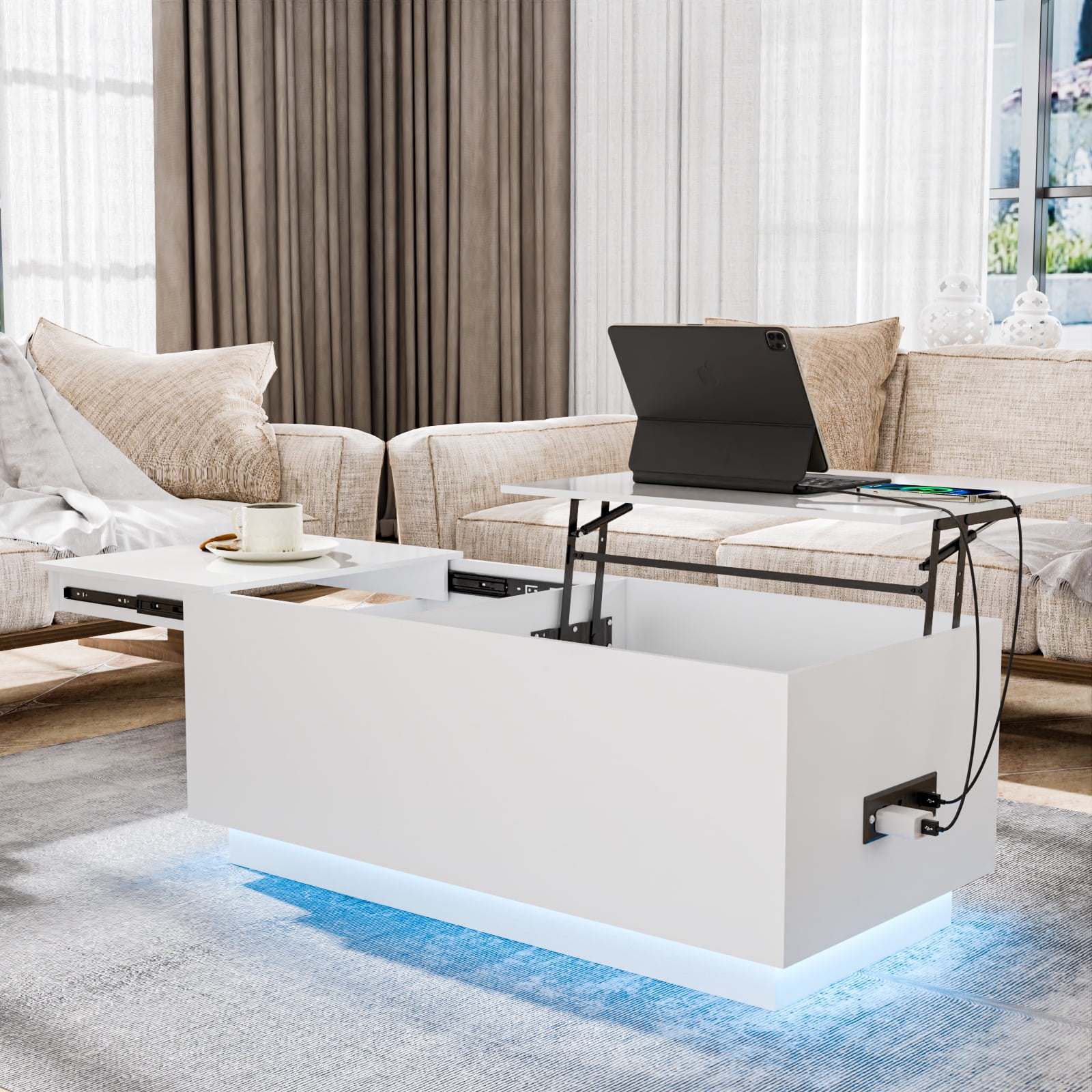 Hommpa LED Lift Top Coffee Table with Charging Station High Gloss