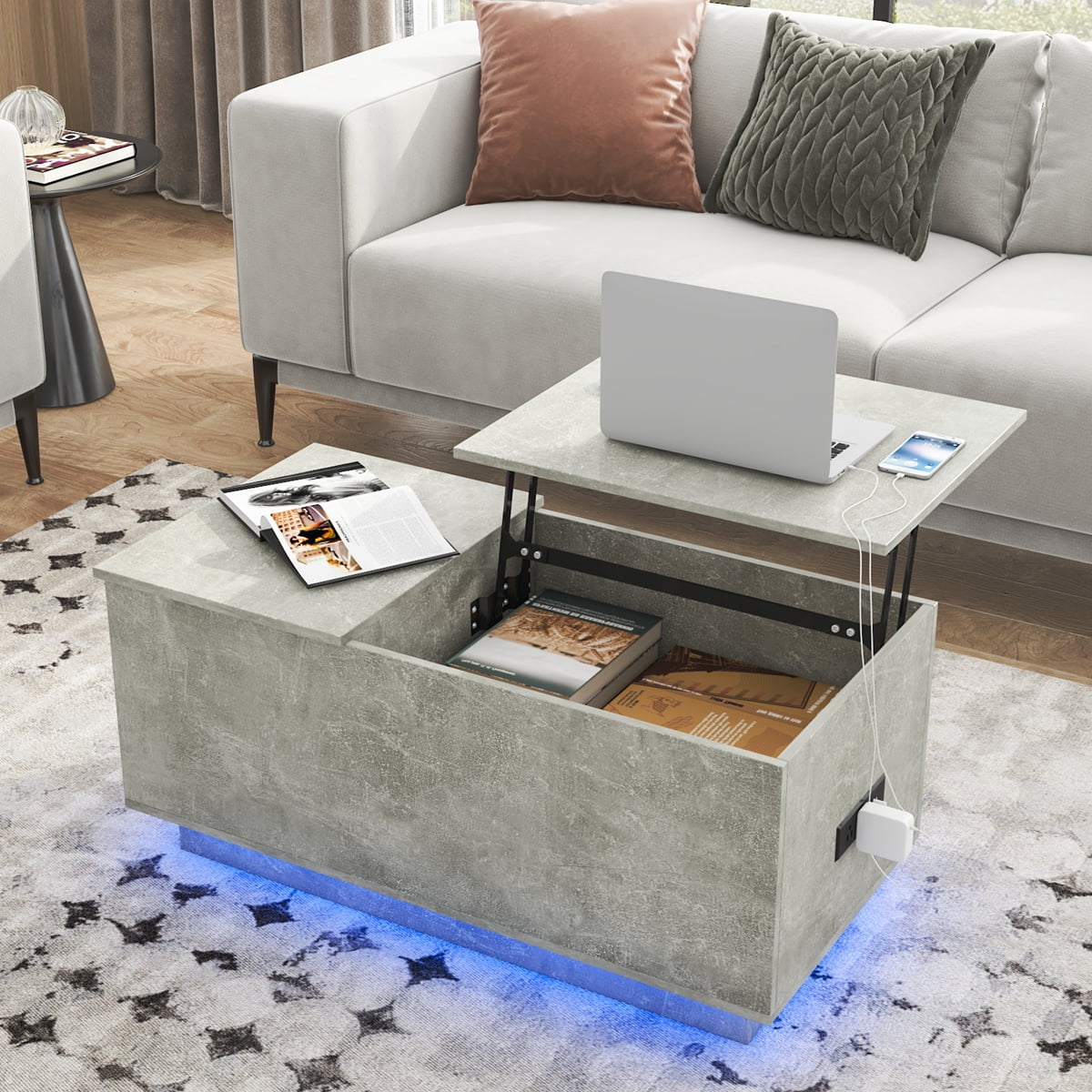 Hommpa LED Lift Top Coffee Table with Charging Station for Living Room Gray Center Table with