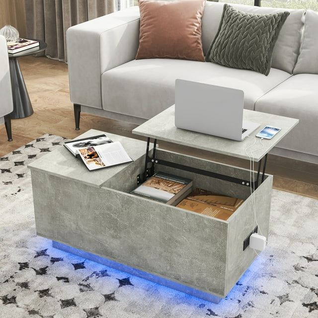 Hommpa LED Lift Top Coffee Table with Charging Station for Living Room Gray Center Table with