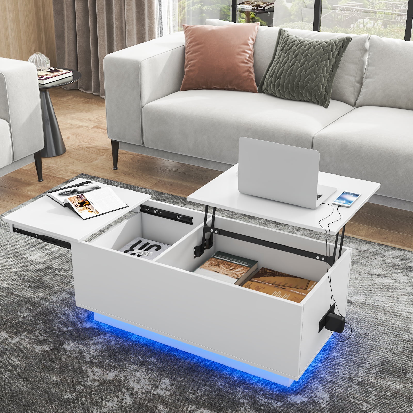Hommpa LED Lift Top Coffee Table with Charging Station for Living Room
