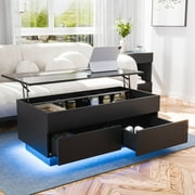 Hommpa LED Lift Top Coffee Table with Storage Modern Coffee Tables for Living Room Rectangle High Gloss Center Table with 2 Drawers