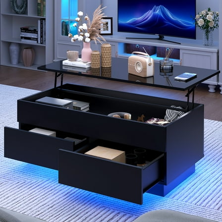 Hommpa LED Lift Top Coffee Table with Storage Modern Coffee Tables for Living Room Rectangle High Gloss Center Table with 2 Drawers