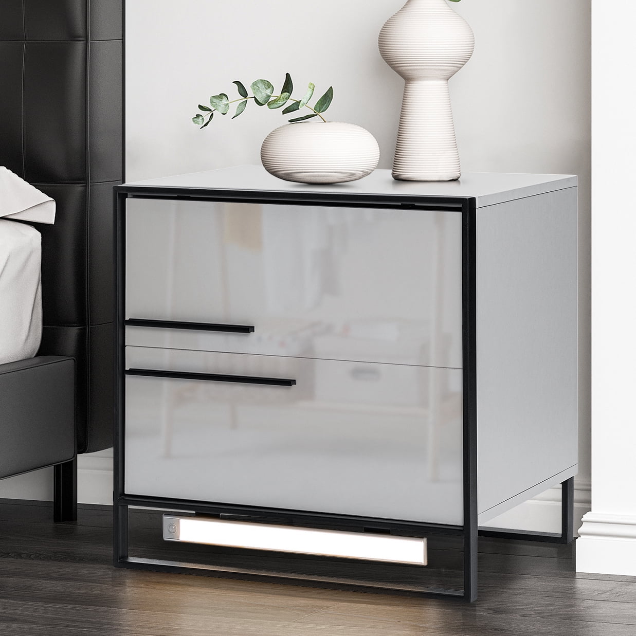 Hommpa LED Nightstand 2 Drawer Modern Bedside Table 3 Color Led Light Magnetic Auto Wireless Infrared Sensing Adjustable Brightness Gray Smart Night Stand with Metal Frame Side Table for Bedroom