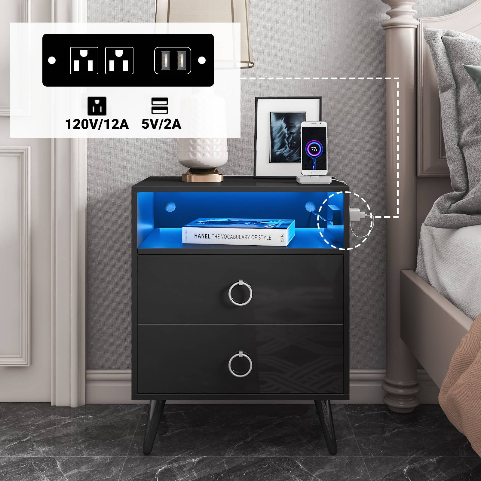 Hommpa LED Nightstand with Charging Station 2 USB Ports 2 AC Outlets