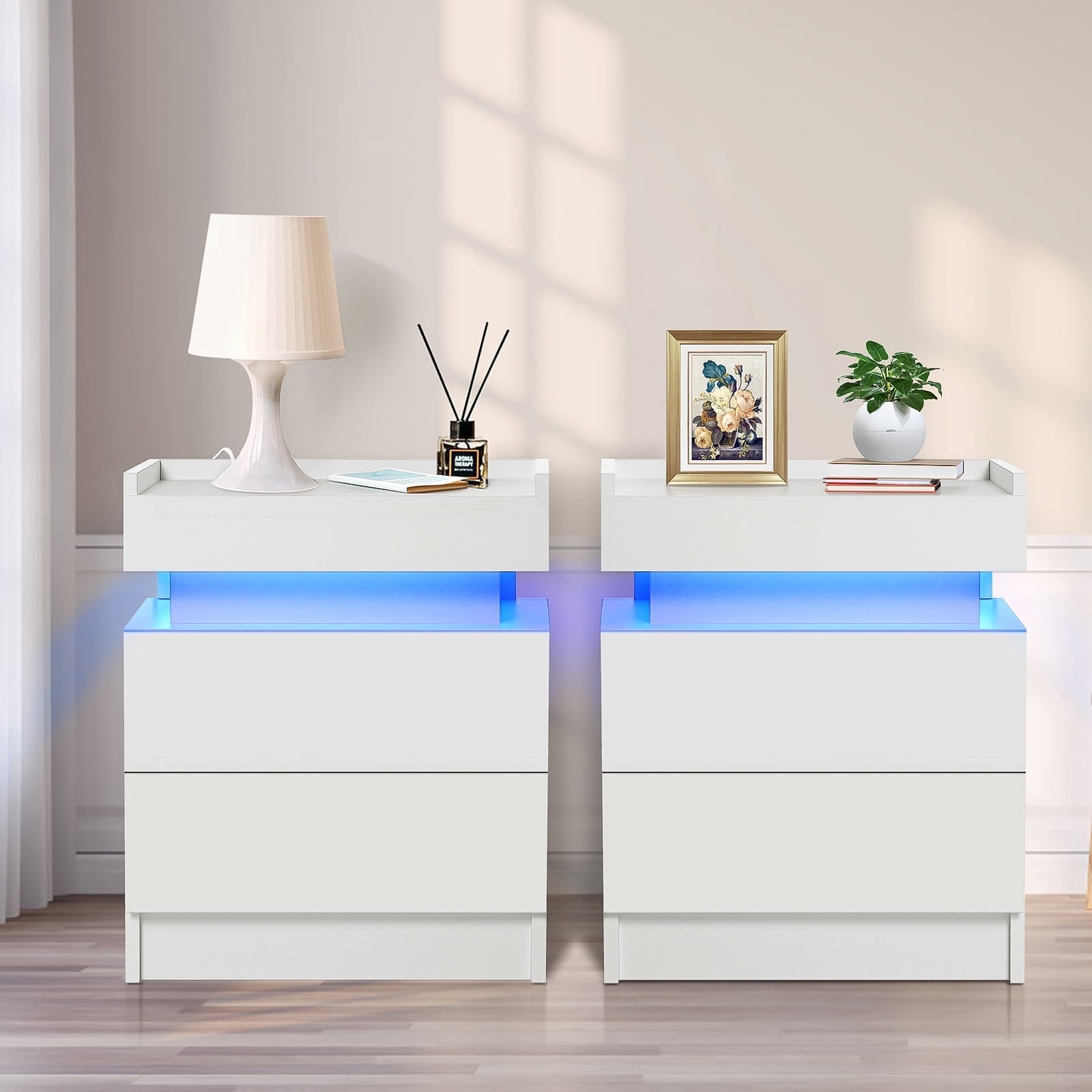 Hommpa Pair of Modern LED Nightstands, High Gloss 2-Drawer Bedside ...