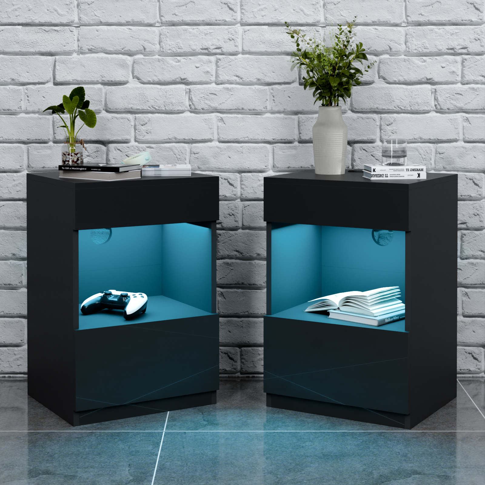 Hommpa LED Nightstand Set of 2 Open Shelf Bedside Table 2 Drawer Tall