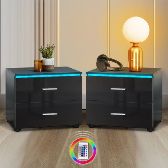 Hommpa LED Nightstand Set fo 2 High Gloss Modern Bedside Table 2 Drawers Handle Black Smart Nightstands Led Light Small End Side Table for Bedroom Living Room 15.4 inch Tall