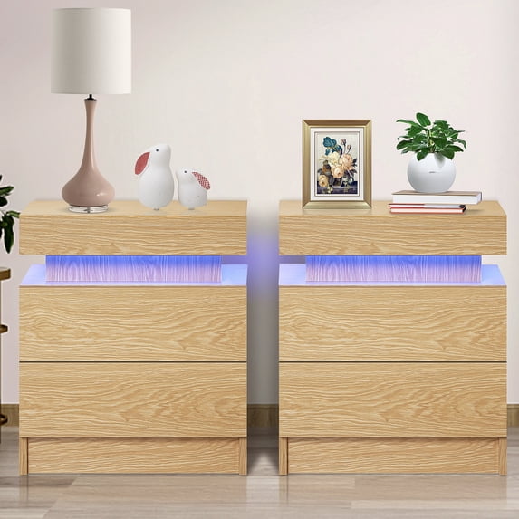 Hommpa LED Nightstand Set of 2, Modern High Gloss Bedside Table 2 Drawers Cabinet Storage Woodgrain Color