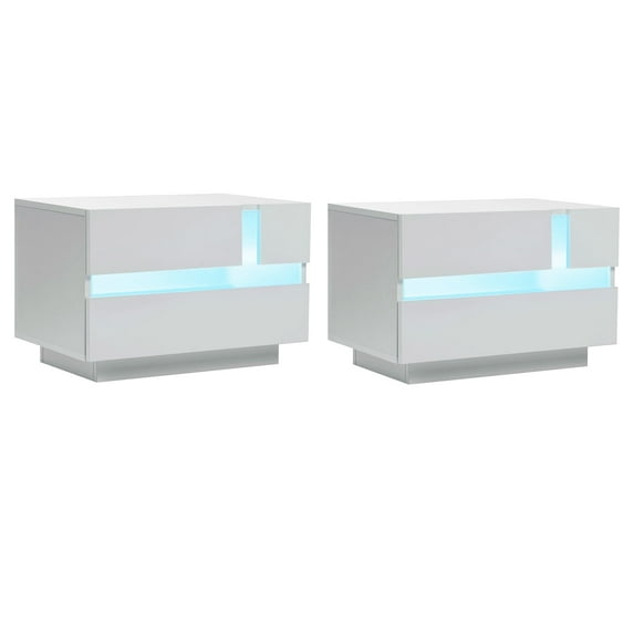 Hommpa LED Nightstand Set of 2 Modern High Gloss Bedside Table with 2 Drawers White Night Stand Side Table for Bedroom