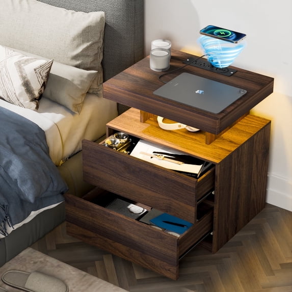 Hommpa LED Nightstand with Wireless Charging Station Modern Nightstand Type C USB Port 2 Drawers Bedside Table Dark Walnut Smart Night Table High Gloss End Side Table for Bedroom Furniture 22.3" Tall