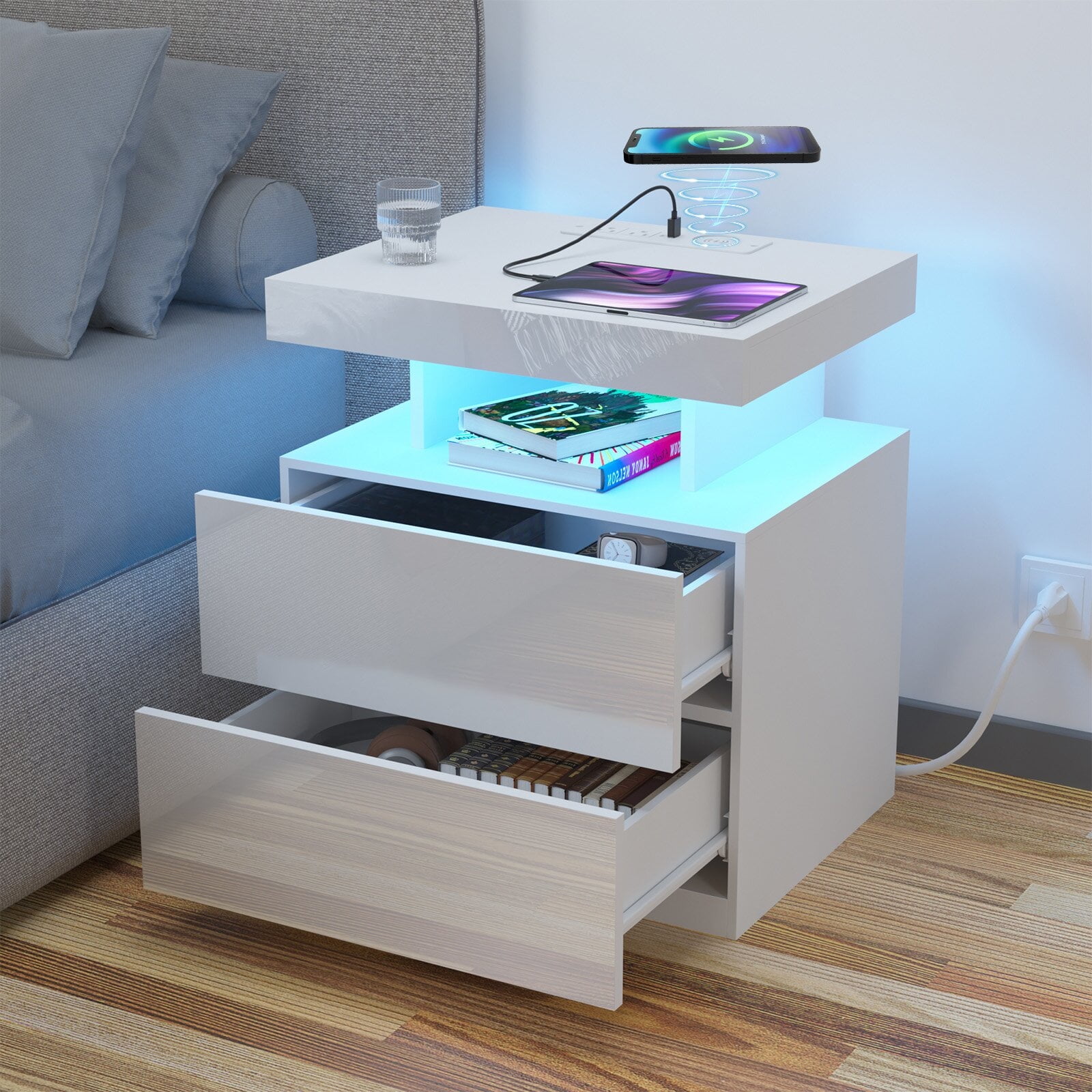 White High Gloss LED Nightstand with Wireless Charging and 2 Drawers