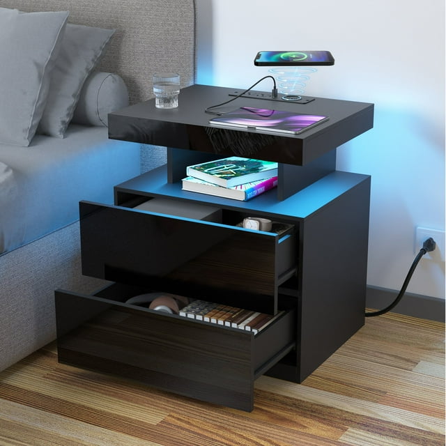 Hommpa Modern LED Nightstand with Wireless Charging Station & 2 Drawers, Black High Gloss Side