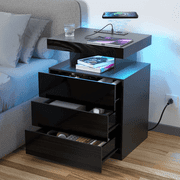 Hommpa LED Nightstand Wireless Charging Station USB Type C Outlets Bedside Table 3 Drawers Black Night Table Modern Smart Nightstand High Gloss End Side Table for Bedroom Furniture 26.8 Tall