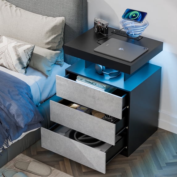 Hommpa LED Nightstand Wireless Charging Station USB Type C Outlets Bedside Table 3 Drawers Gray Night Table Modern Smart Nightstand High Gloss End Side Table for Bedroom Furniture 26.8" Tall