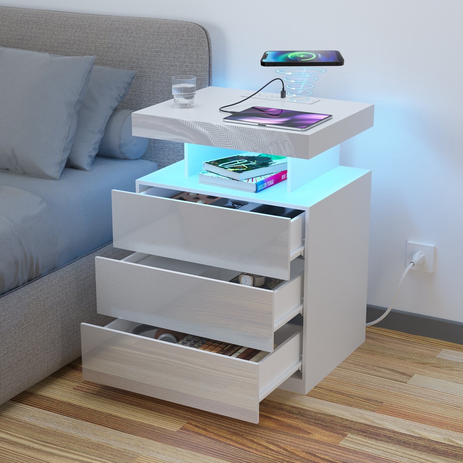 Hommpa LED Nightstand Wireless Charging Station USB Type C Outlets Bedside Table 3 Drawers White Night Table Modern Smart Nightstand High Gloss End Side Table for Bedroom Furniture 26.8" Tall
