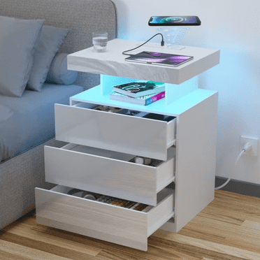 Hommpa LED Nightstand Wireless Charging Station USB Type C Outlets Bedside Table 3 Drawers White Night Table Modern Smart Nightstand High Gloss End Side Table for Bedroom Furniture 26.8" Tall