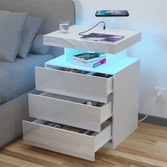 Hommpa LED Nightstand Wireless Charging Station USB Type C Outlets Bedside Table 3 Drawers White Night Table Modern Smart Nightstand High Gloss End Side Table for Bedroom Furniture 26.8" Tall