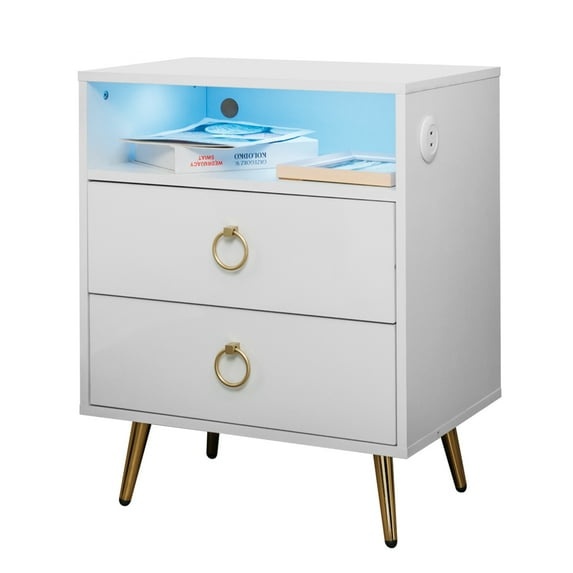 Hommpa LED Nightstand with 2 USB Charging Ports, High Gloss 2 Drawers Bedside Table with Open Drawer White