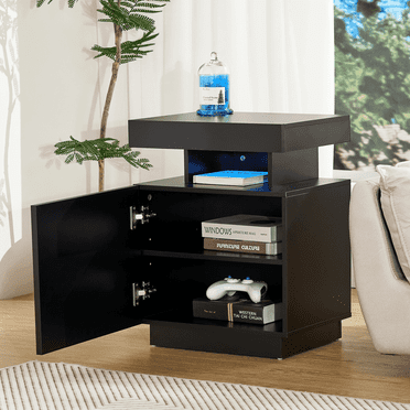Hommpa LED Nightstand with Large Cabinet High Gloss Door Bedside Table for Bedroom Expanded Storage for TV stand for Living Room, Black ﻿