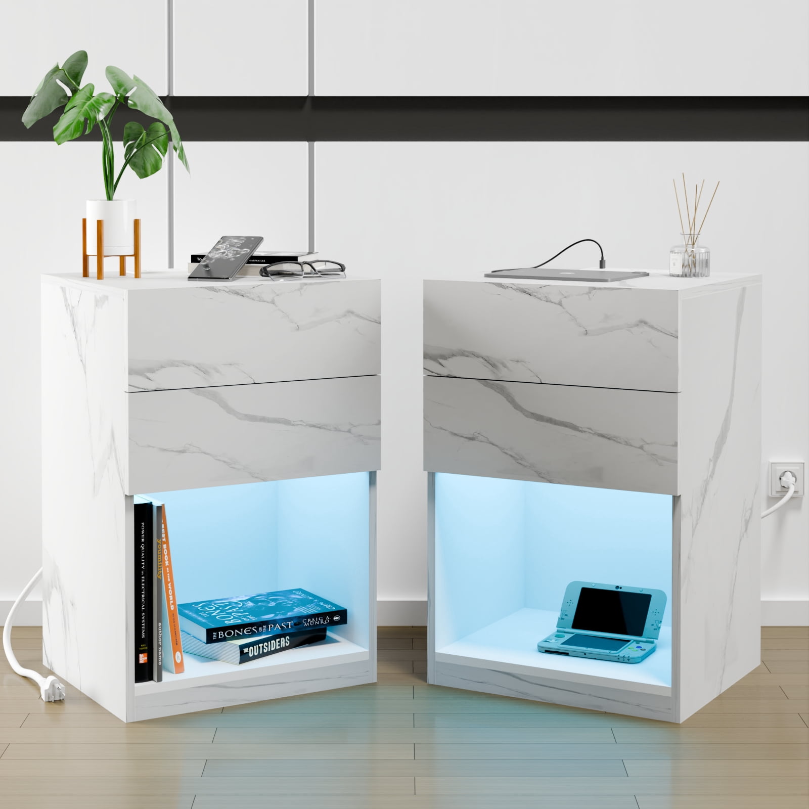 HOMMPA LED Nightstands Pair, Modern RGB Bedside Tables with Charging ...